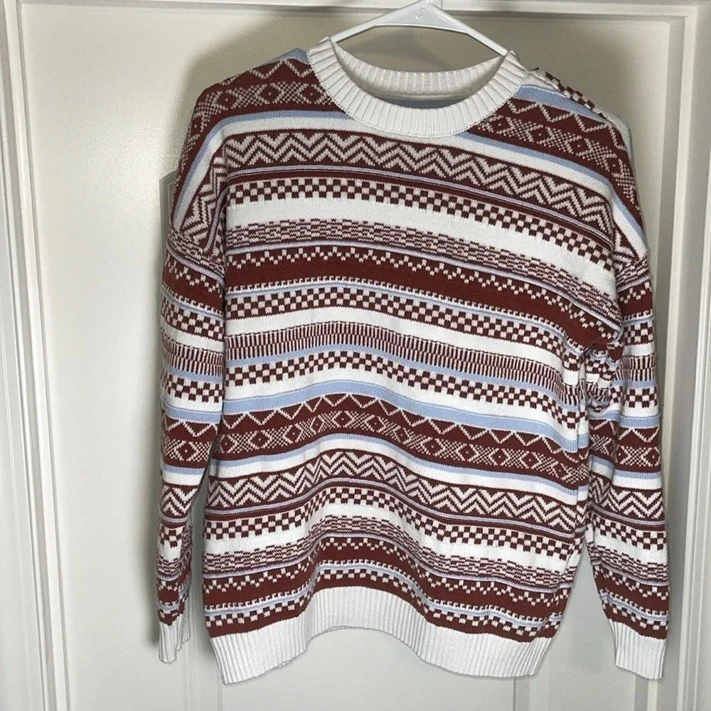 Hollister Sweater S Oversized Fair Isle Crew Neck Pullover Brown Blue